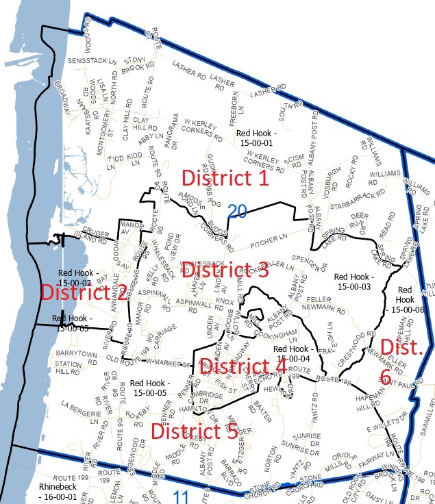 A map of Dutchess County that shows the voting districts one through six.